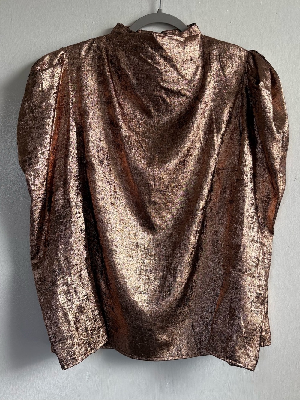 Future Collective Bronze Metallic Woven Mock Neck Puff Long Sleeve Blouse L